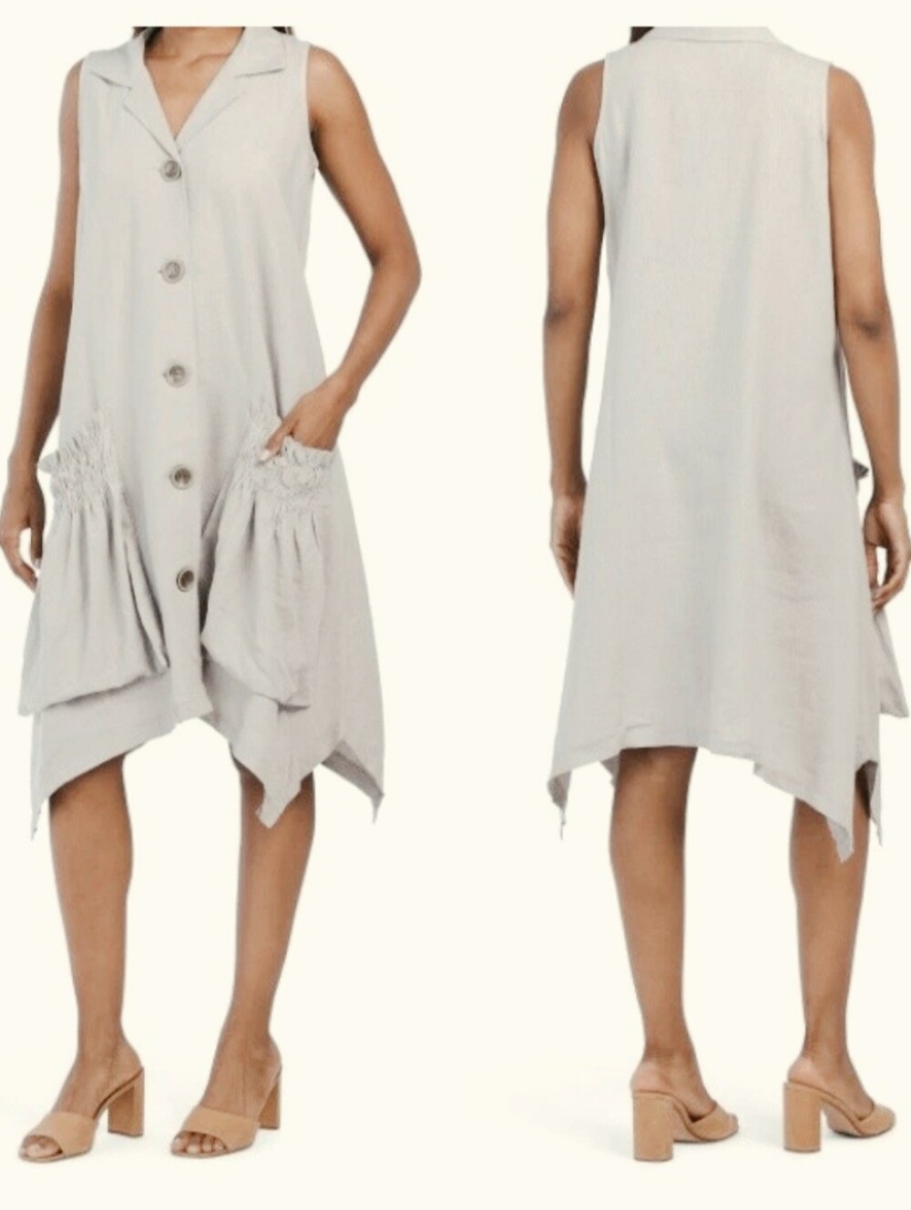 For Cynthia Linen-Blend Sark Bite Hem Shirt Dress w/Patch Ruched Pockets Size S